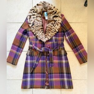 VINTAGE MARCIANO REMOVABLE RABBIT FUR CHEETAH COLLAR PLAID COAT
